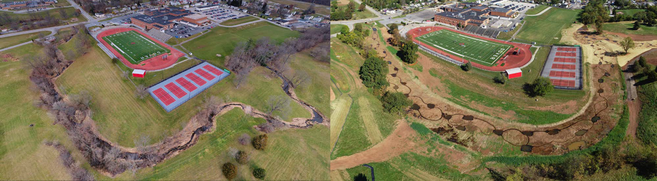 Aerial views of restoration near a football field - before and after