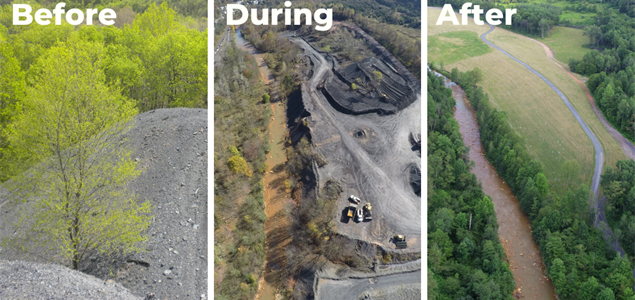Trio of images showing stages of the refuse pile removal project: Before, During, and After