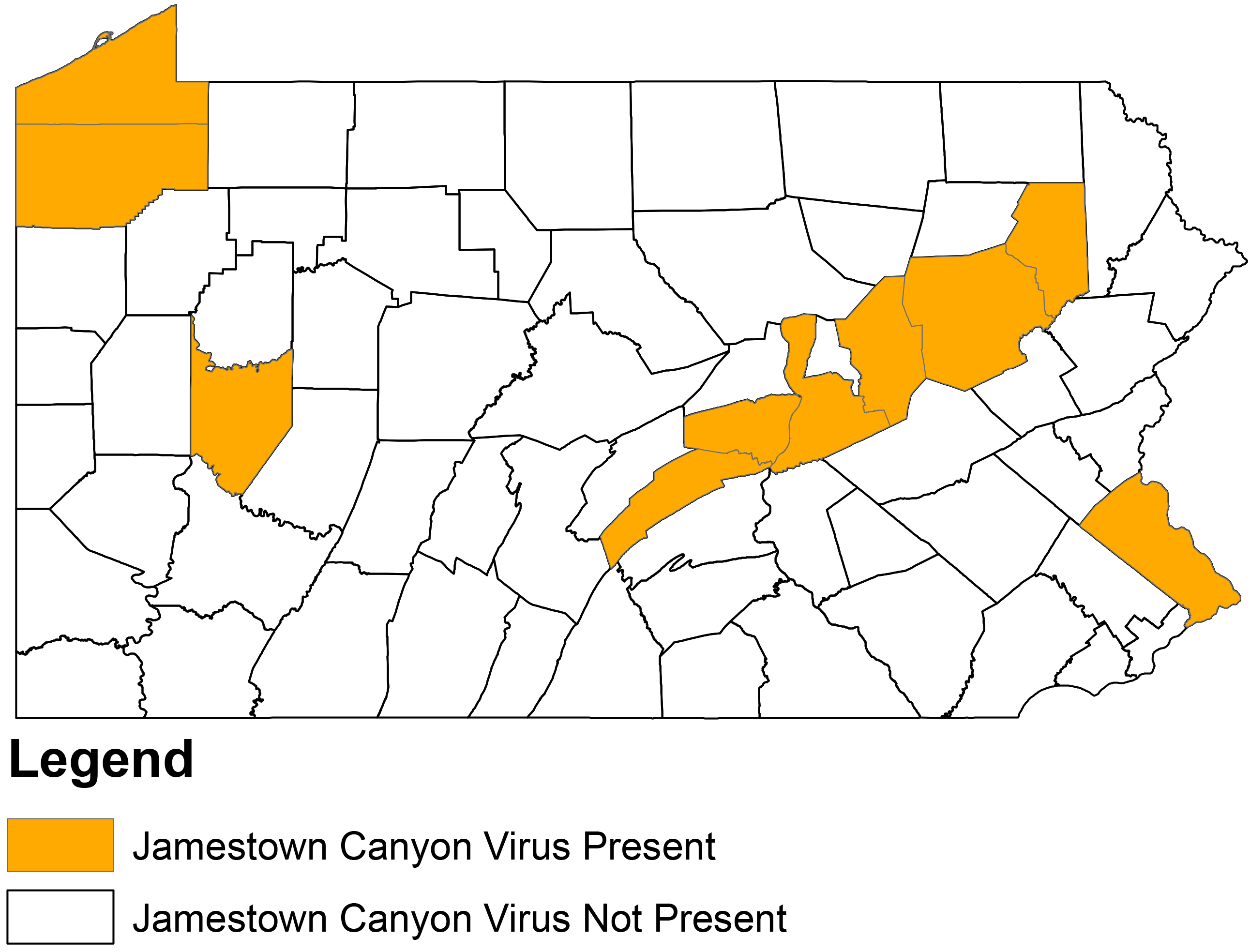 Map shows positive counties in yellow.