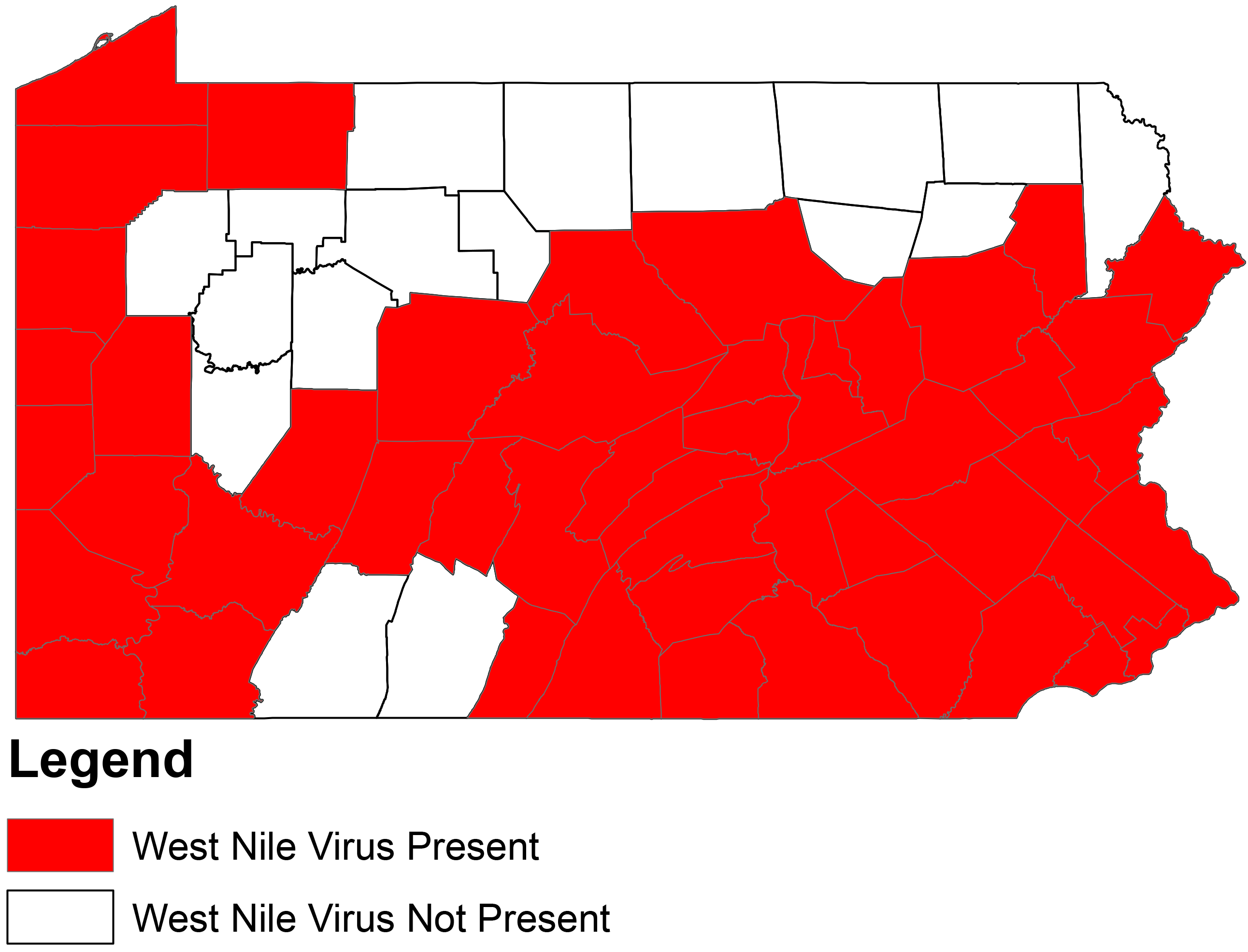 Map shows WNV positive counties in red