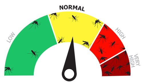 An odometer-style chart showing the needle on a yellow section with moquito illustrations to signify normal mosquito risk.