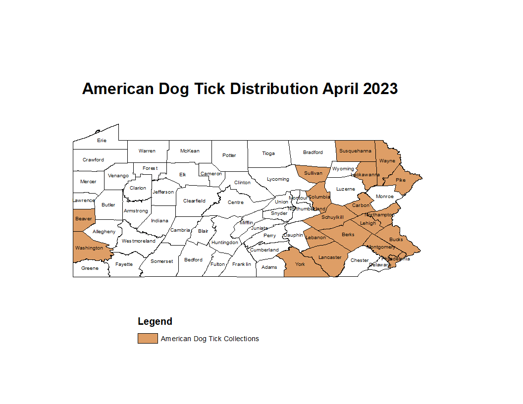 Map showing distribution of American Dog Tick in PA