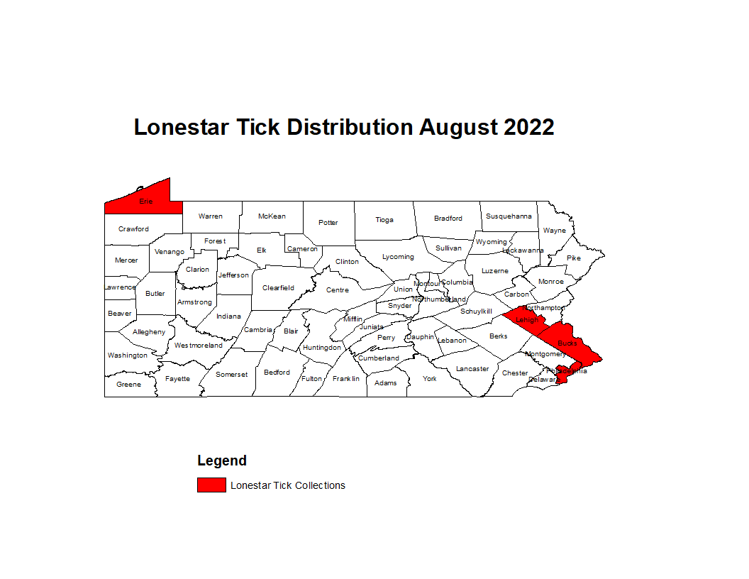 Map showing distribution of Lonestar tick in PA