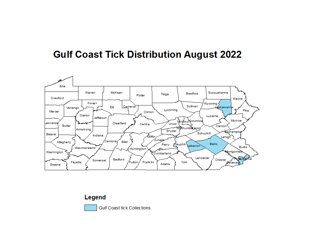 Map showing distribution of Gulf Coast tick in PA 