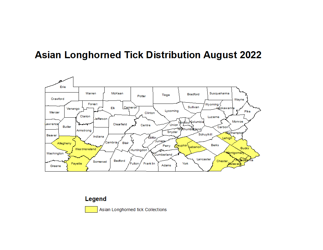 Map showing distribution of Asian Longhorned Tick in PA