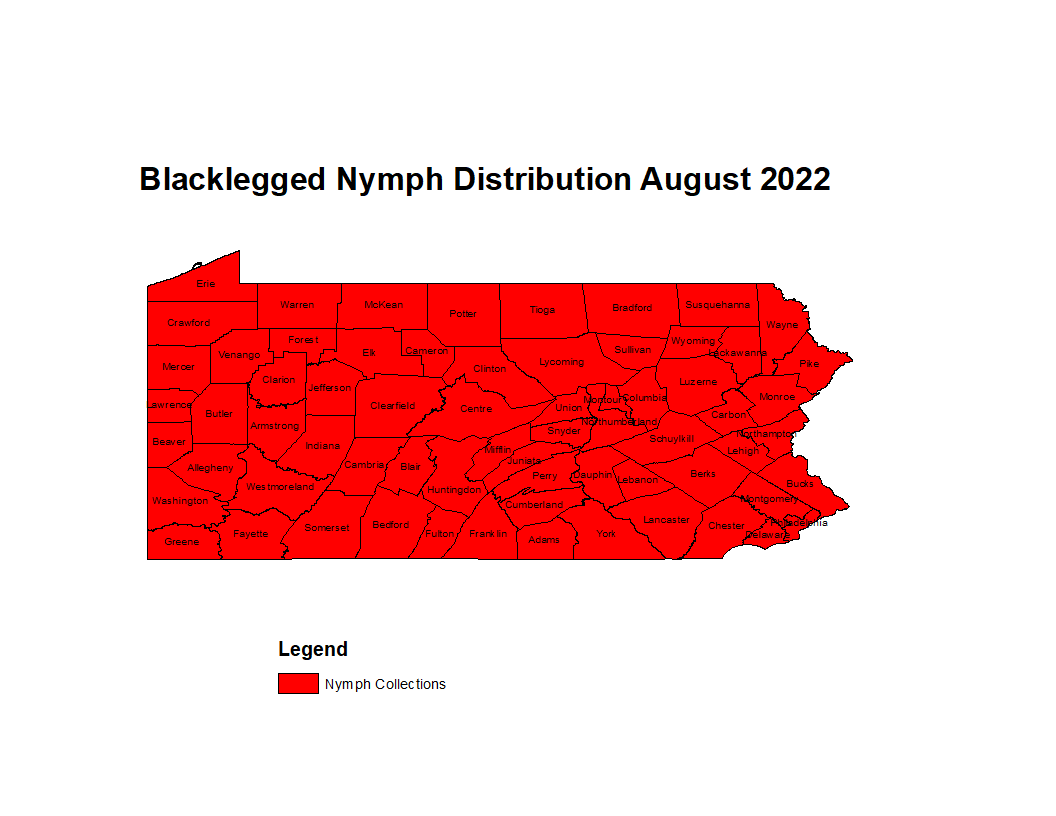 Map showing distribution of Blacklegged tick in PA (all counties are red)