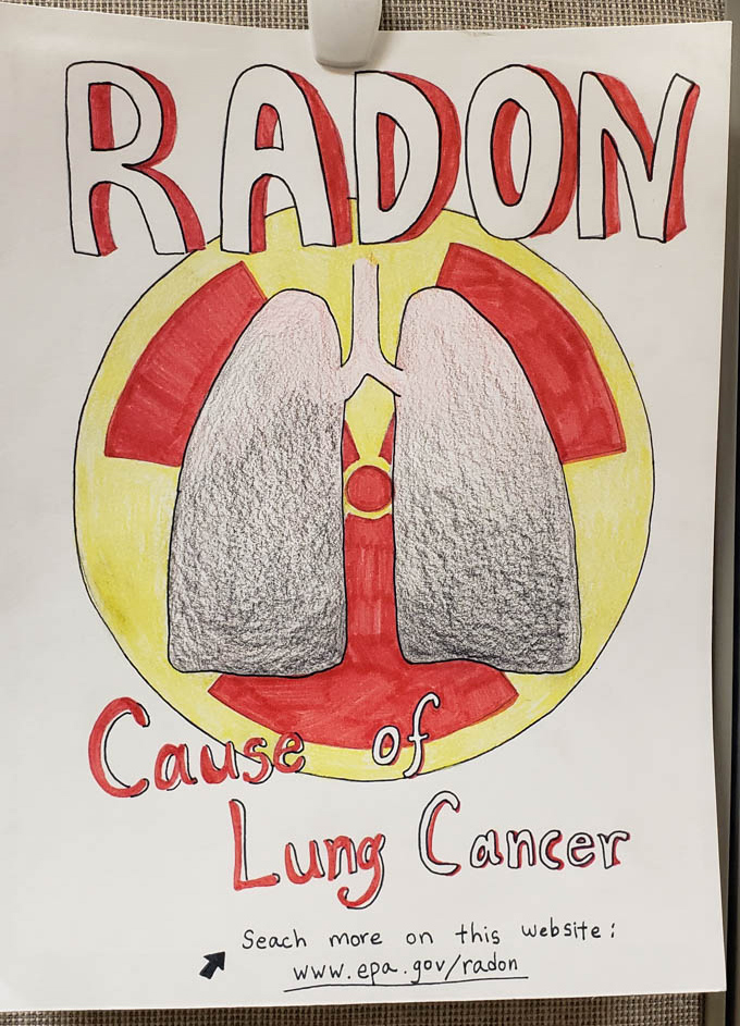 Illustration of lungs and radioactive symbol with text Radon: Cause of lung cancer