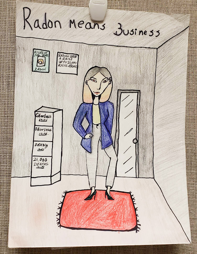 Radon means business: A woman in business attire stands by a file cabinet with drawers labeled Colorless, Odorless, Deadly