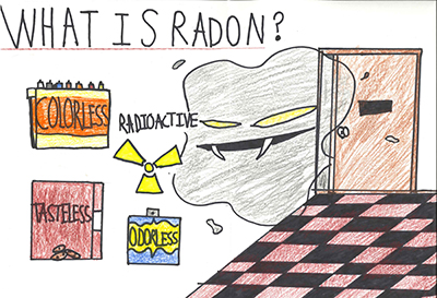A gray blob with fangs floats in a hallway with text: Waht is radon? Colorless, radioactive, tasteless, odorless