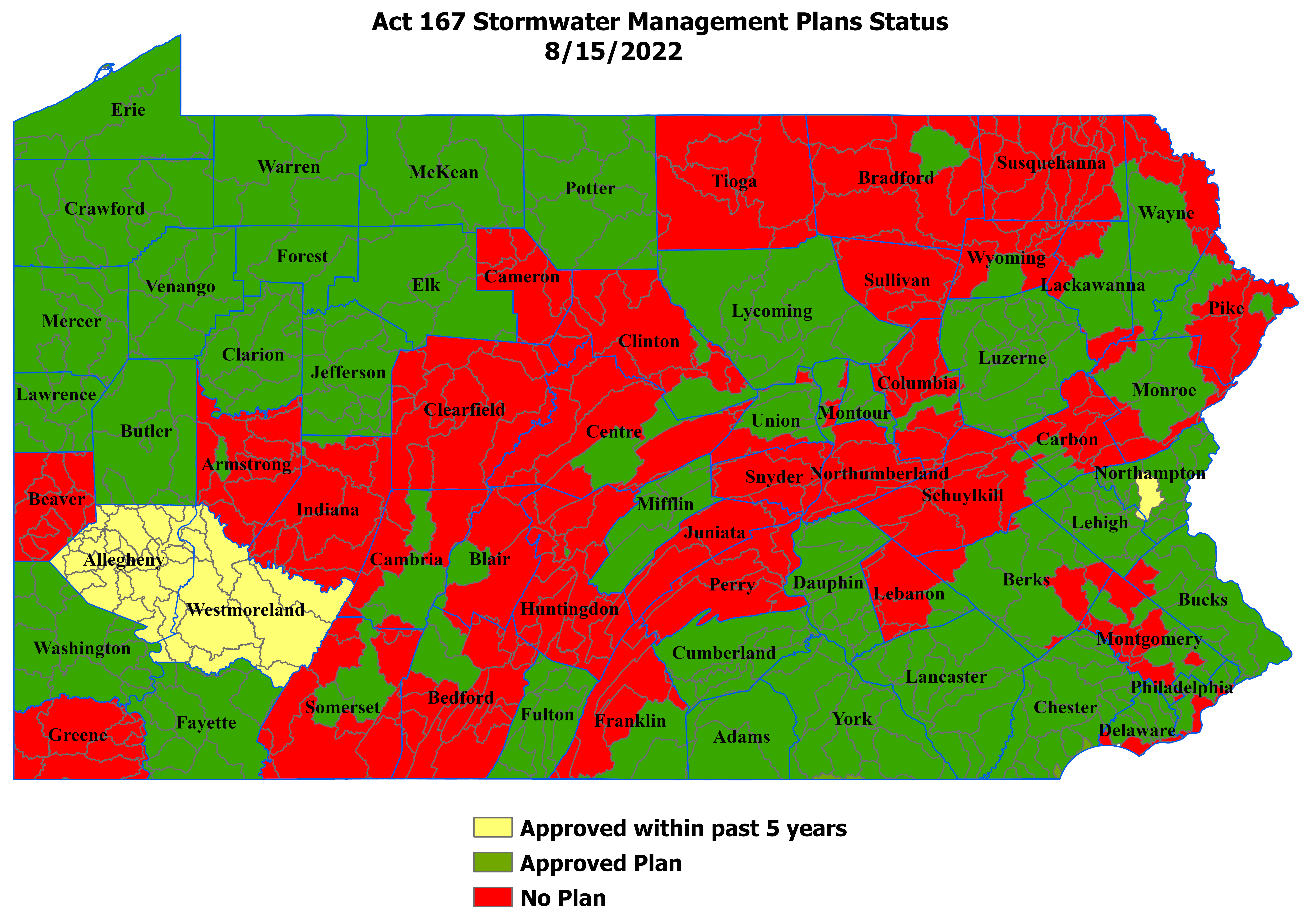 Act 167 Stormwater Management Plans Status Map 8-15-22