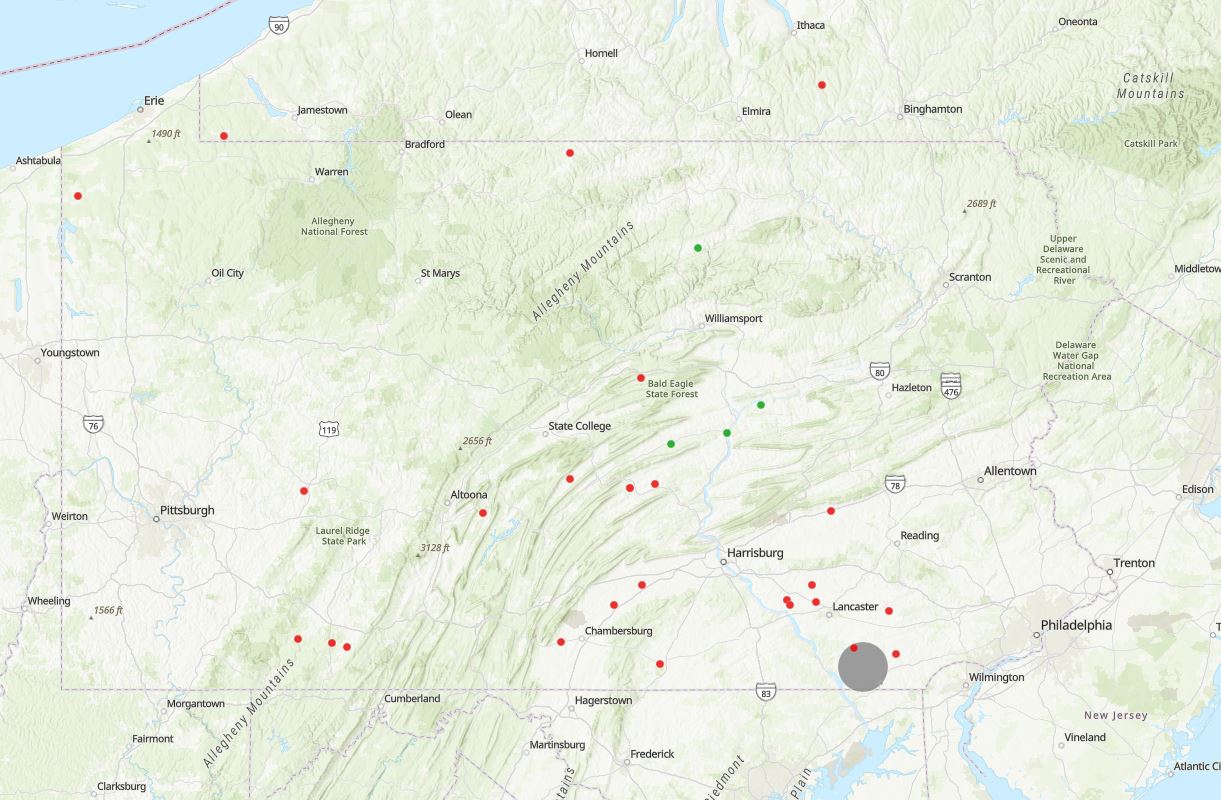 Still of interactive anaerobic digester map focusing on Pennsylvania