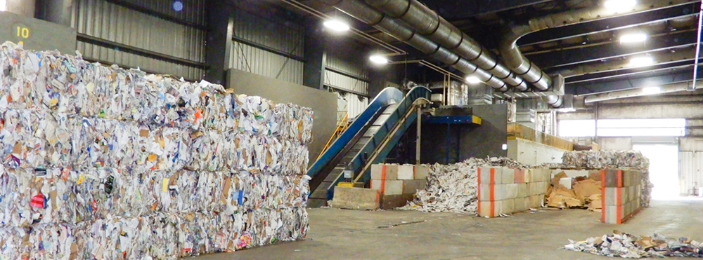 Trash is bundled at a recycling center in Lycoming County