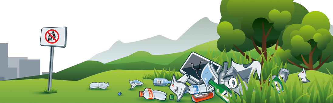 Illustration depicting litter next to trees and mountains
