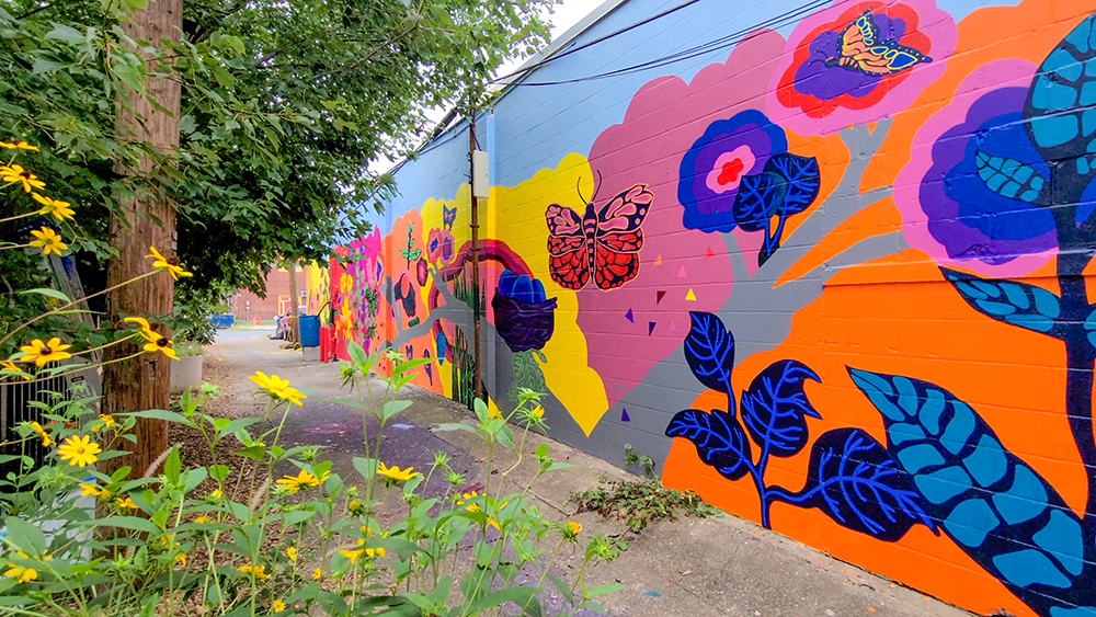 View of pollinator mural in the alley