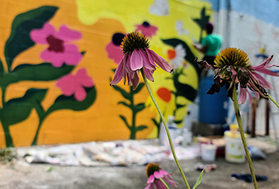 View of the brightly colored mural in the alleyway behind flowers