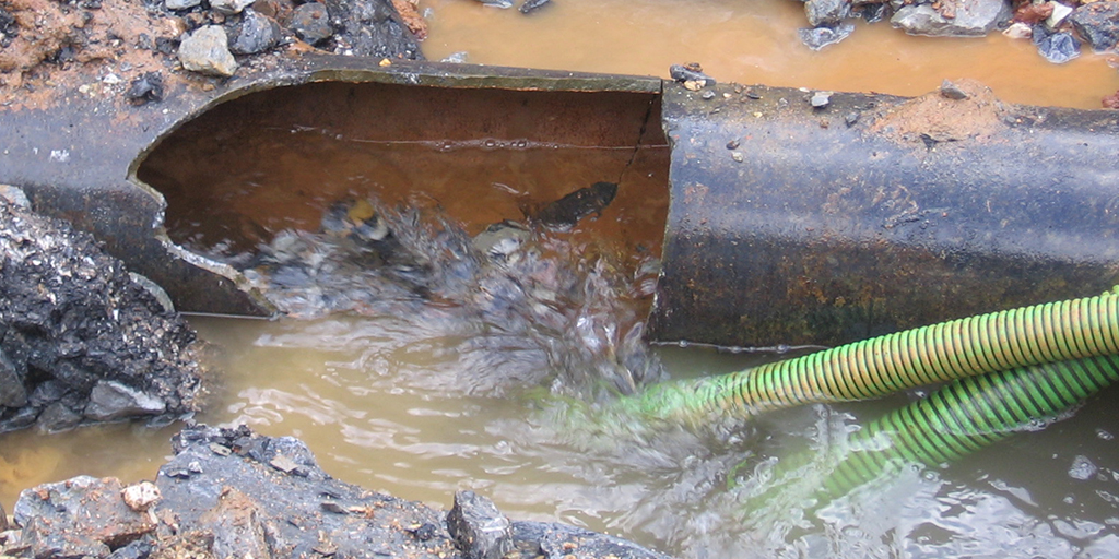 Close up of a broken water main pipe in Pennsylvania